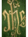 Embroidered green chasuble, IHS motif, decorative fabric (H218)