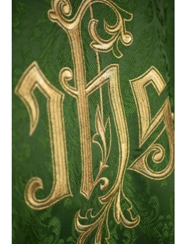 Embroidered green chasuble, IHS motif, decorative fabric (H218)