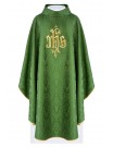Embroidered green chasuble, IHS motif, decorative fabric (H218)
