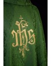 Embroidered green chasuble, IHS motif, decorative fabric (H218)