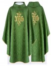 Embroidered green chasuble, IHS motif, decorative fabric (H218)