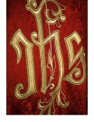 Embroidered red chasuble, IHS motif, decorative fabric (H219)