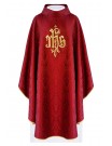 Embroidered red chasuble, IHS motif, decorative fabric (H219)