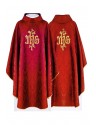 Embroidered red chasuble, IHS motif, decorative fabric (H219)