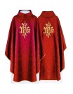Embroidered red chasuble, IHS motif, decorative fabric (H219)