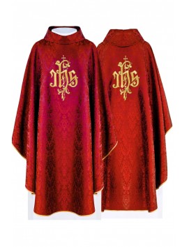 Embroidered red chasuble, IHS motif, decorative fabric (H219)