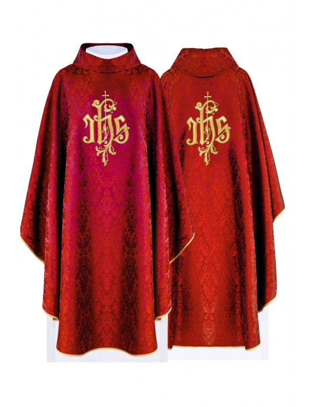 Embroidered red chasuble, IHS motif, decorative fabric (H219)