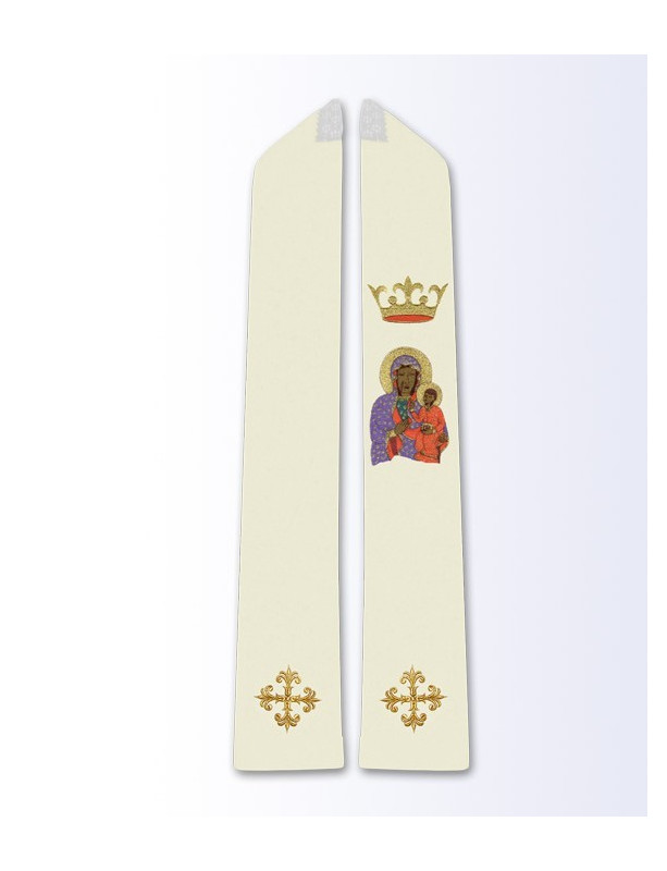 Catholic Clergy Stole with Our Lady of Czestochowa Icon, Gold Crown and Decorative Crosses