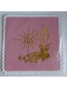 Pink embroidered chalice pall with IHS, ears of wheat, grapes (5)