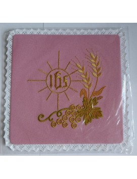 Pink embroidered chalice pall with IHS, ears of wheat, grapes (5)