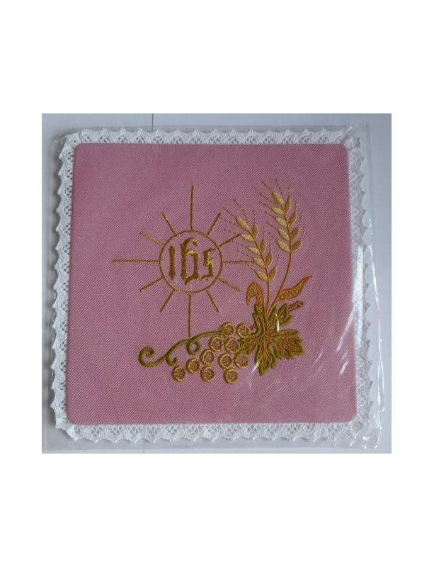 Pink embroidered chalice pall with IHS, ears of wheat, grapes (5)
