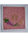 Pink embroidered chalice pall with IHS, ears of wheat, grapes (6)