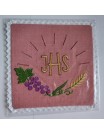 Pink embroidered chalice pall with IHS, ears of wheat, grapes (6)