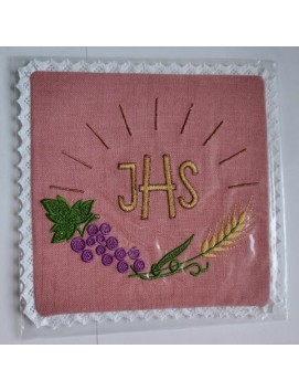 Pink embroidered chalice pall with IHS, ears of wheat, grapes (6)