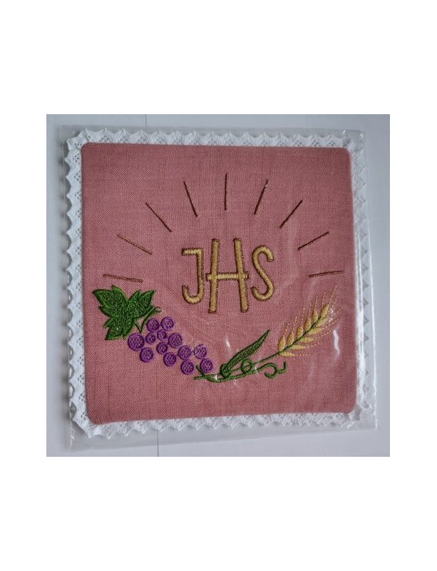Pink embroidered chalice pall with IHS, ears of wheat, grapes (6)