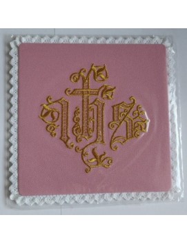 Pink embroidered chalice pall with IHS (7)