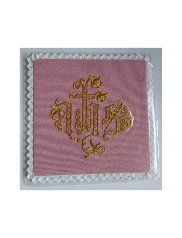 Pink embroidered chalice pall with IHS (7)