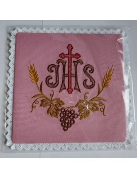 Pink embroidered chalice pall with IHS (8)