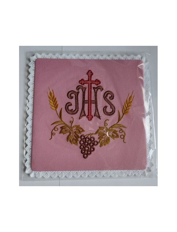 Pink embroidered chalice pall with IHS (8)