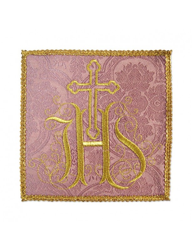 Pink embroidered chalice pall with IHS (35K)