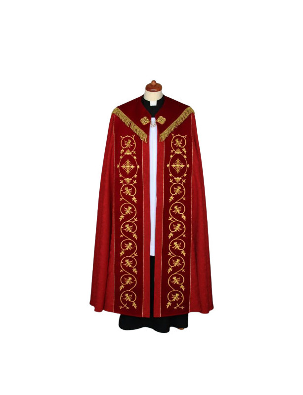 Red Liturgical Cope with Golden Embroidered Orphreys and Tassel Trim