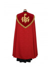 Red Liturgical Cope with Golden Embroidered Orphreys and Tassel Trim