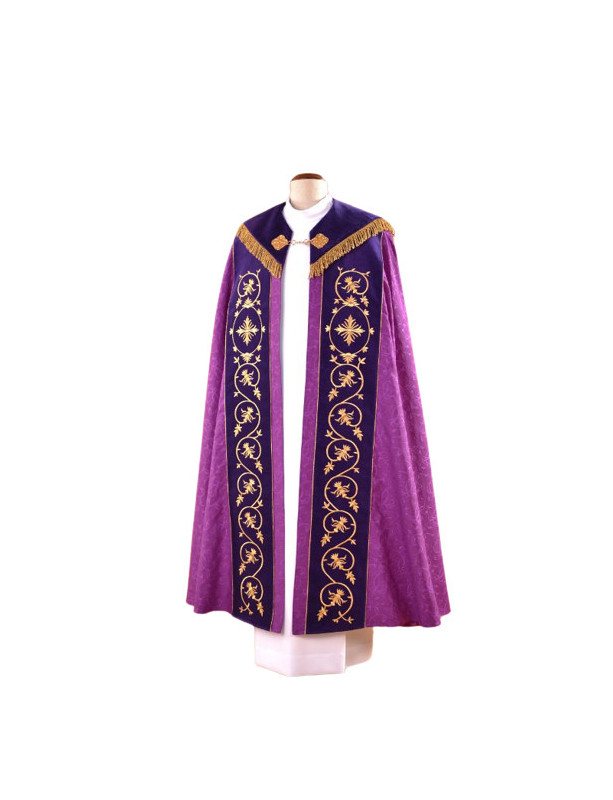 Purple Damask Liturgical Cope with Embroidered Velvet Belts and Gold Accents