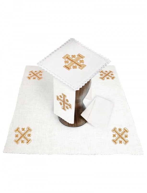 Chalice linen set, linen, gold embroidery, Jerusalem Cross (95H)