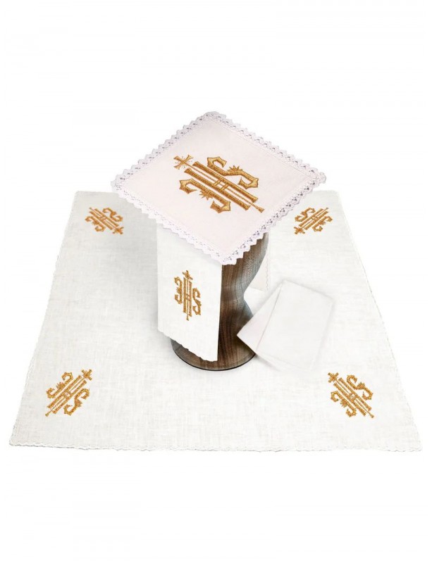 Chalice linen set, linen, gold IHS embroidery (97H)