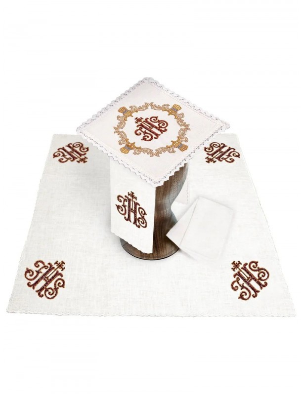 Chalice linen set, linen, red IHS embroidery (102H)