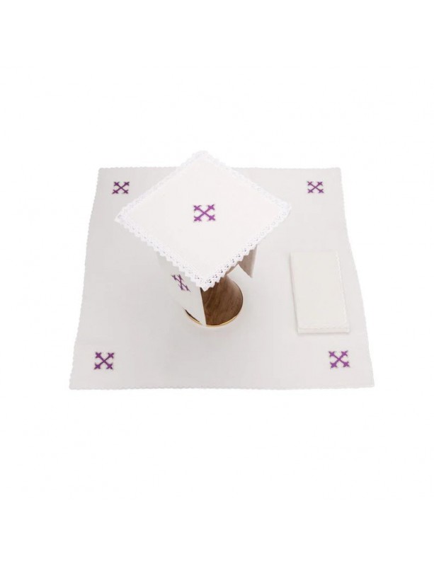 Chalice linen set, linen, purple cross embroidery (110H)