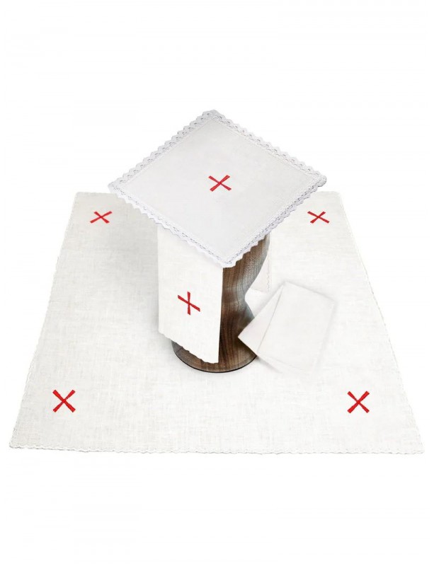 Chalice linen set, linen, red cross embroidery (115H)