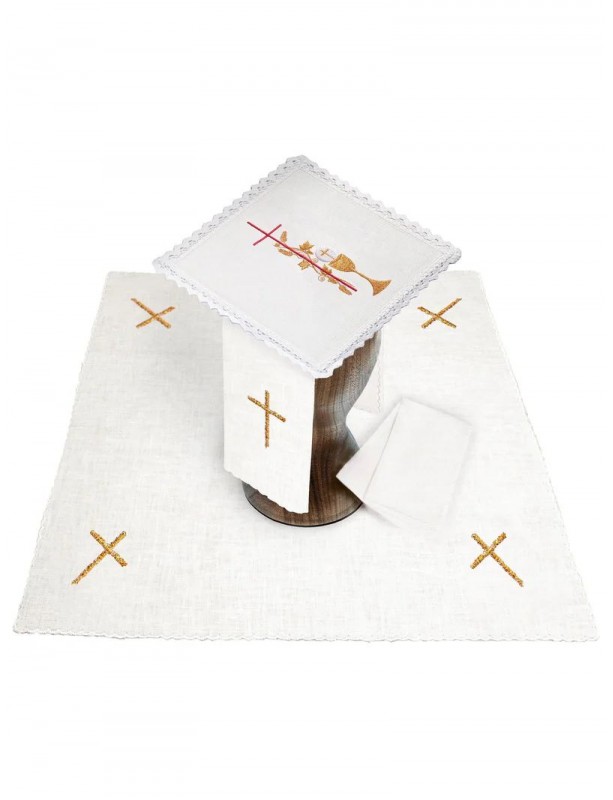 Chalice linen set, linen, cross embroidery + chalice (133H)