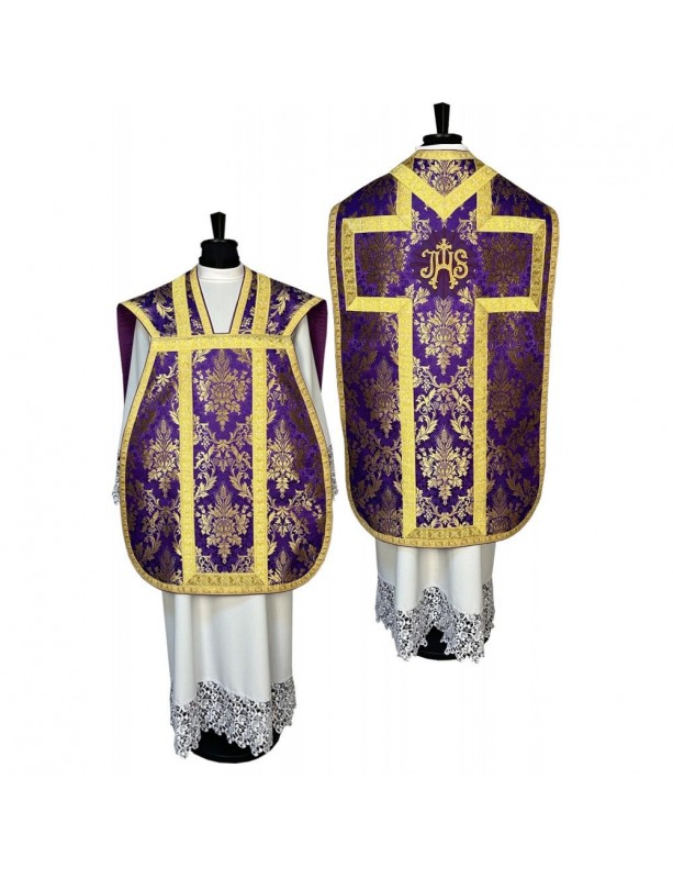 Roman purple chasuble + stole, maniple, burse and chalice veil (22K)