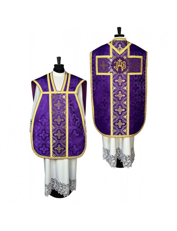 Roman purple chasuble + Stole, Maniple, Burse and Chalice Cover (31K)