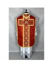 Red Roman chasuble + stole, maniple, burse, and chalice veil (32K)