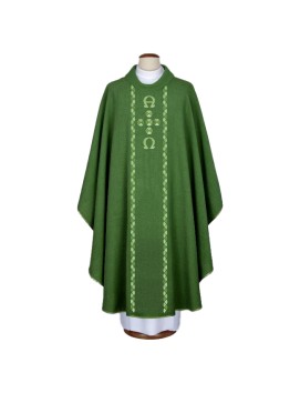 Green embroidered chasuble with Alpha and Omega (A16)