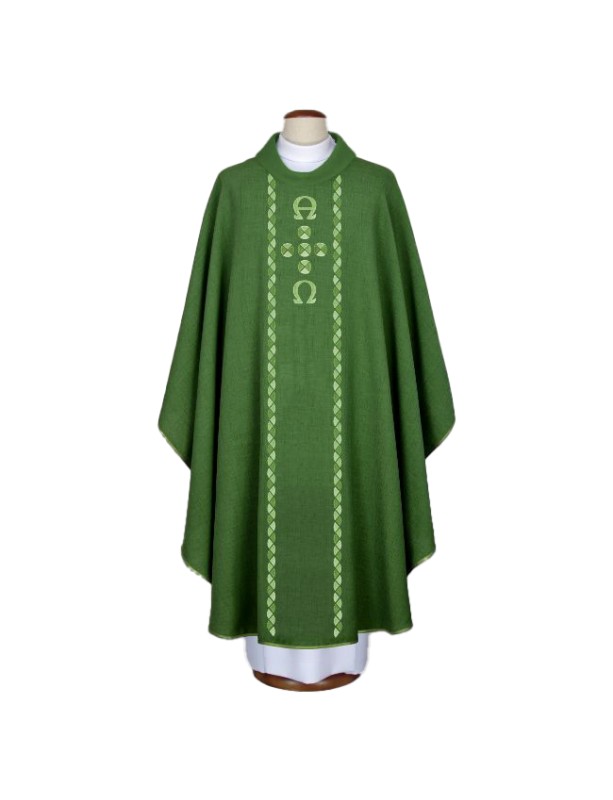 Green embroidered chasuble with Alpha and Omega (A16)
