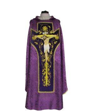 Embroidered chasuble with Jesus on the cross - purple rosette (T6)