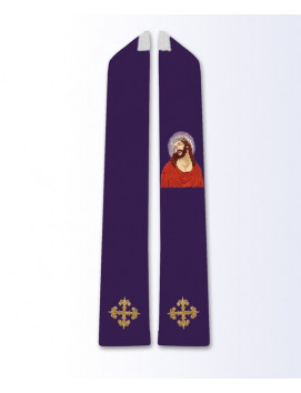 Vijolična postna liturgična štola z vezano podobo Kristusa in zlatimi križnimi motivi