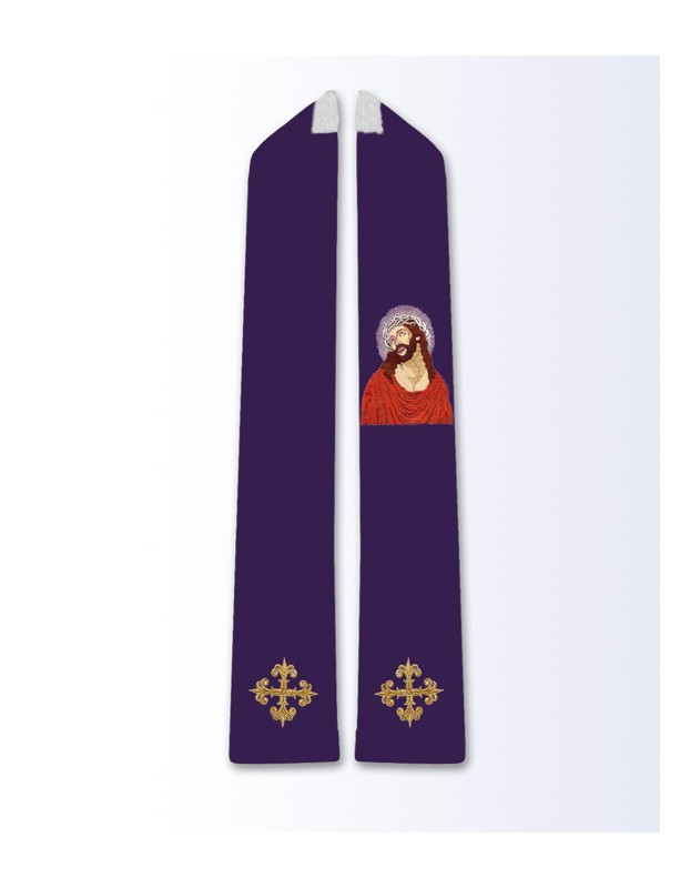 Purple Lenten Liturgical Stole with Embroidered Christ Figure and Gold Cross Motifs