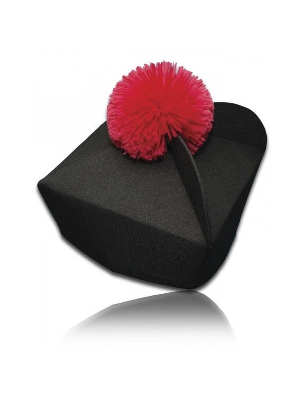 Black three-cornered biretta with colored pompom