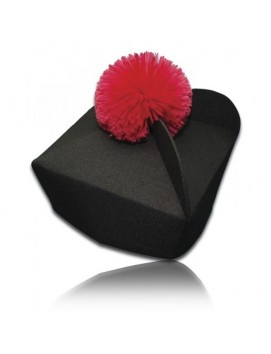 Black four-cornered biretta with colored pompom